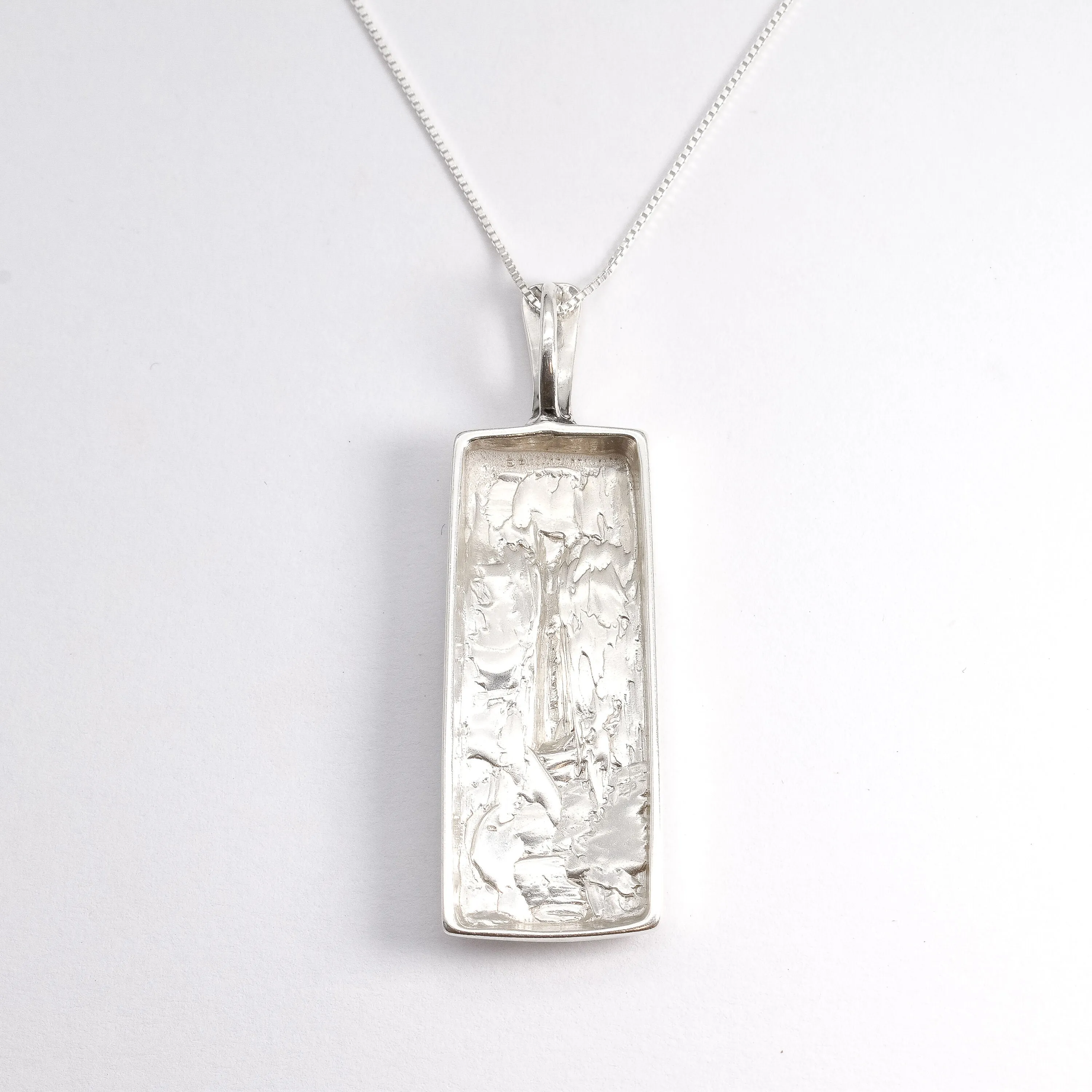 Silver Face Pendant - Long Vintage Necklace - Rectangle Face Necklace