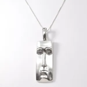 Silver Face Pendant - Long Vintage Necklace - Rectangle Face Necklace