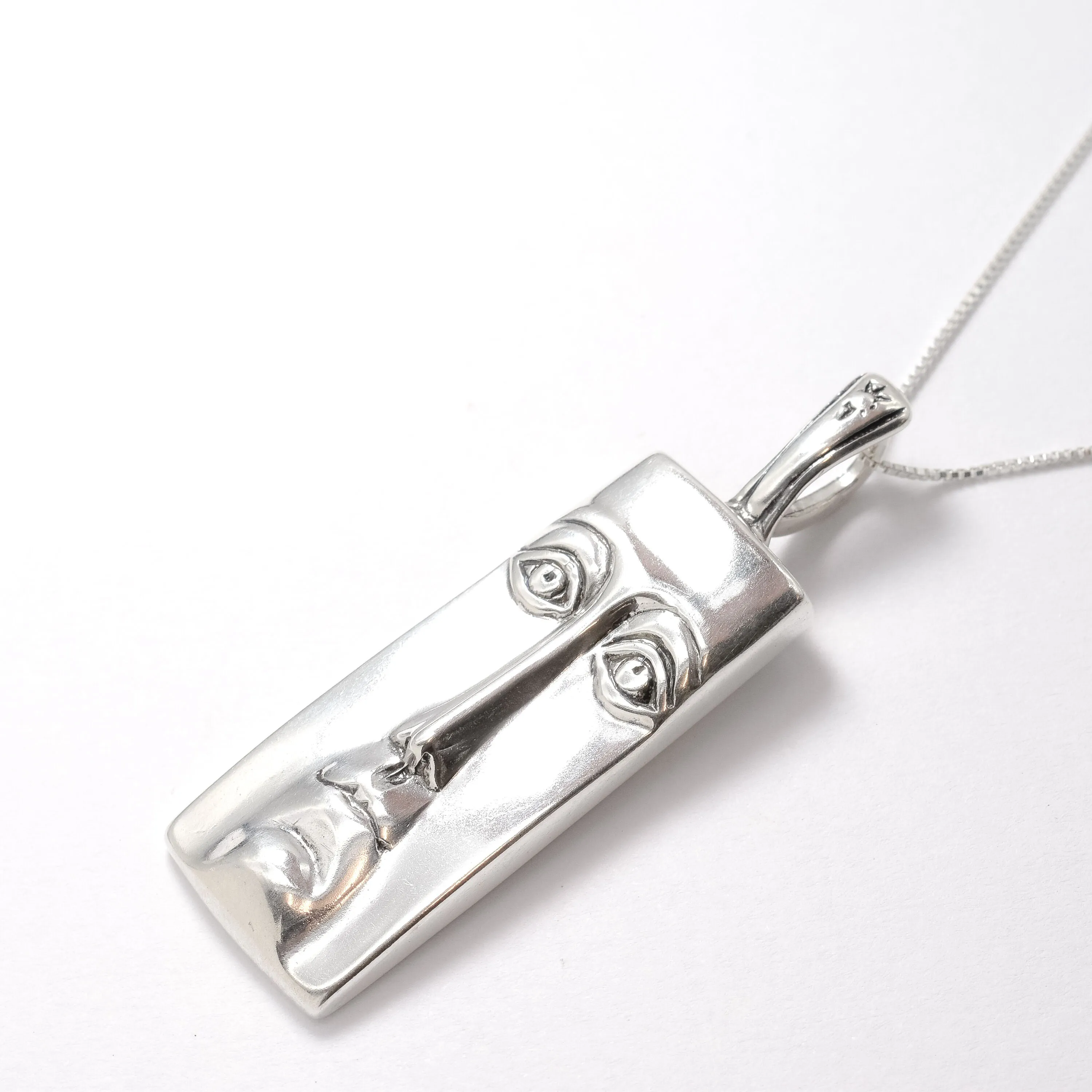 Silver Face Pendant - Long Vintage Necklace - Rectangle Face Necklace