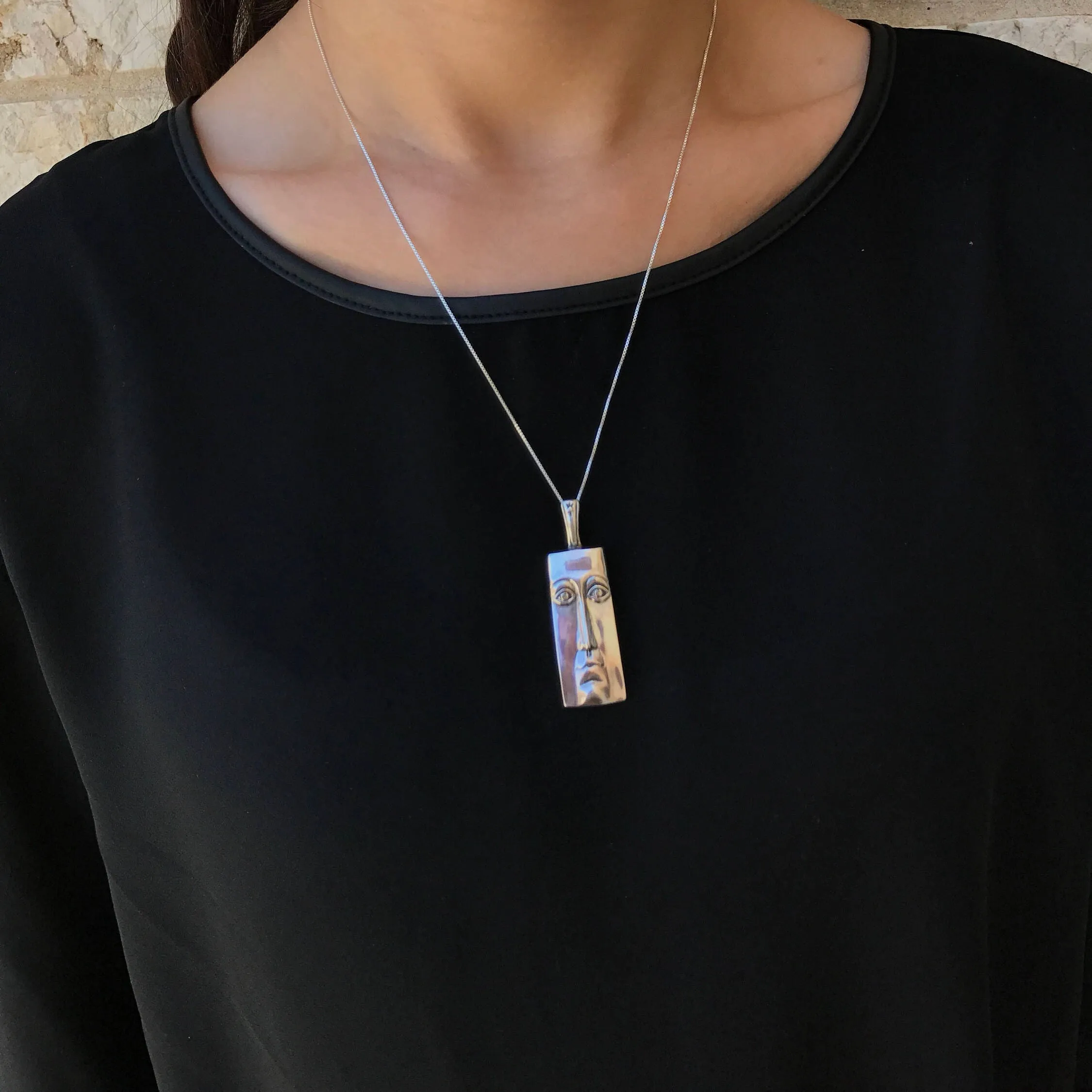 Silver Face Pendant - Long Vintage Necklace - Rectangle Face Necklace