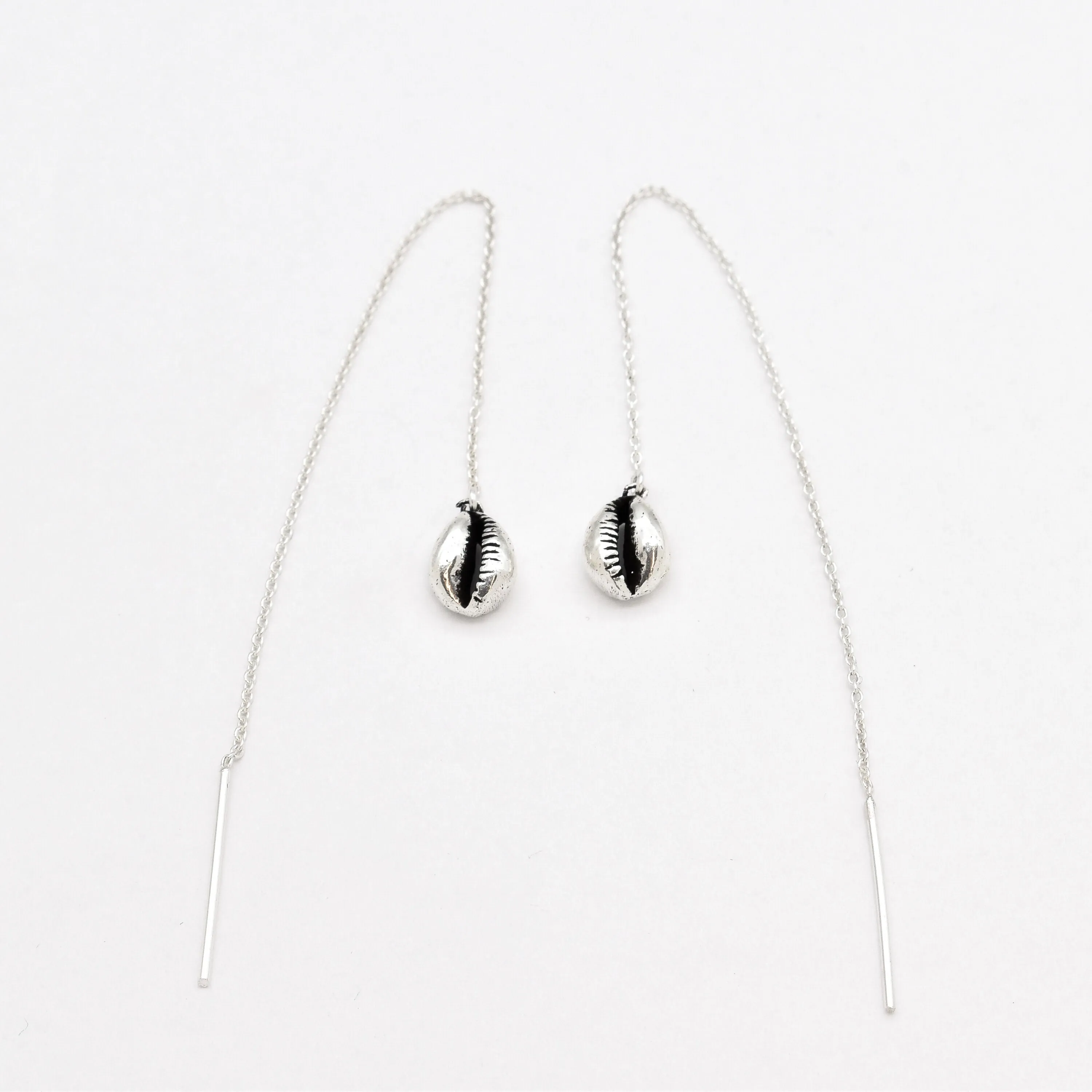 Silver Shell Earrings - Long Silver Earrings - Threader Silver Earrings