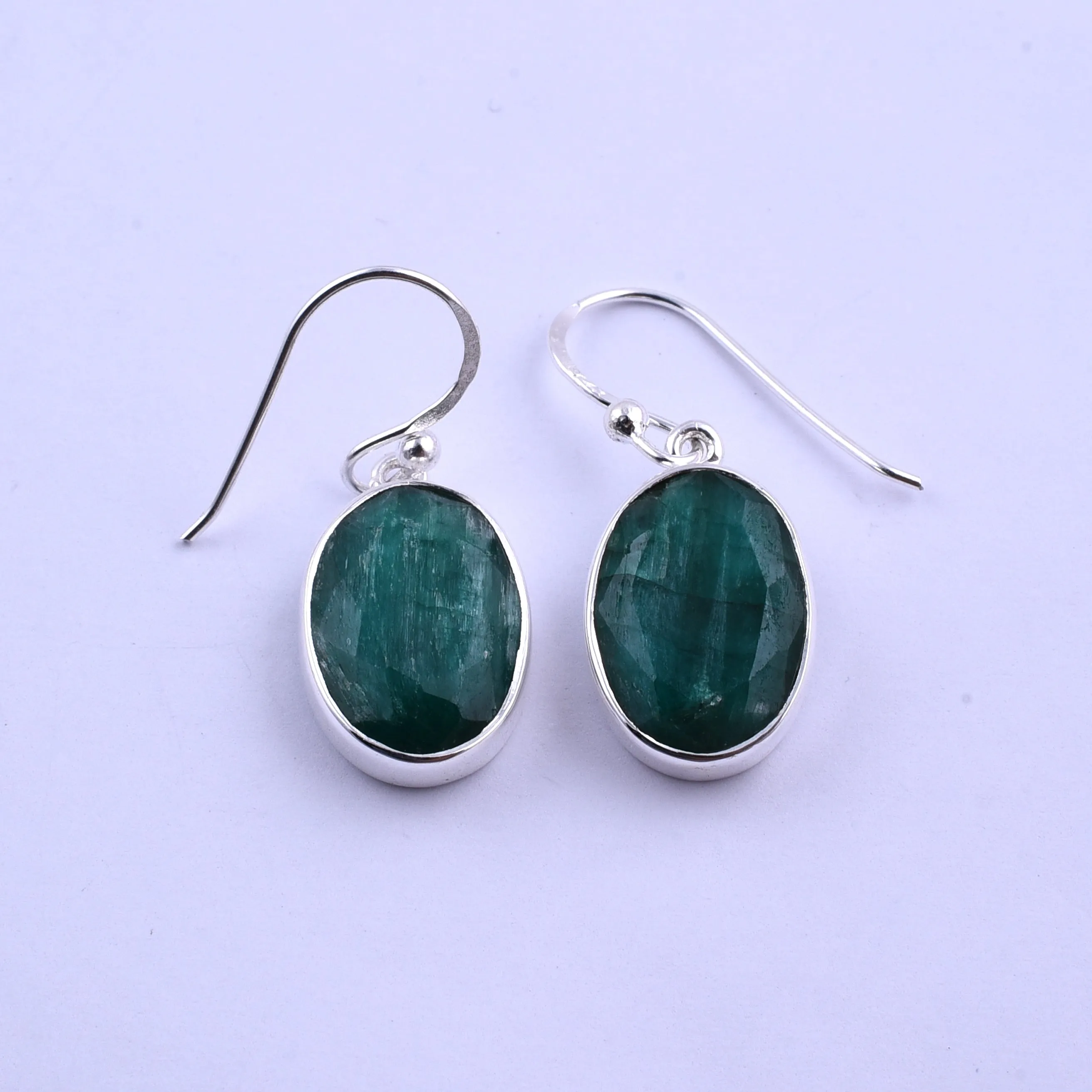 Simple Silver & Rough Emerald Oval Earrings