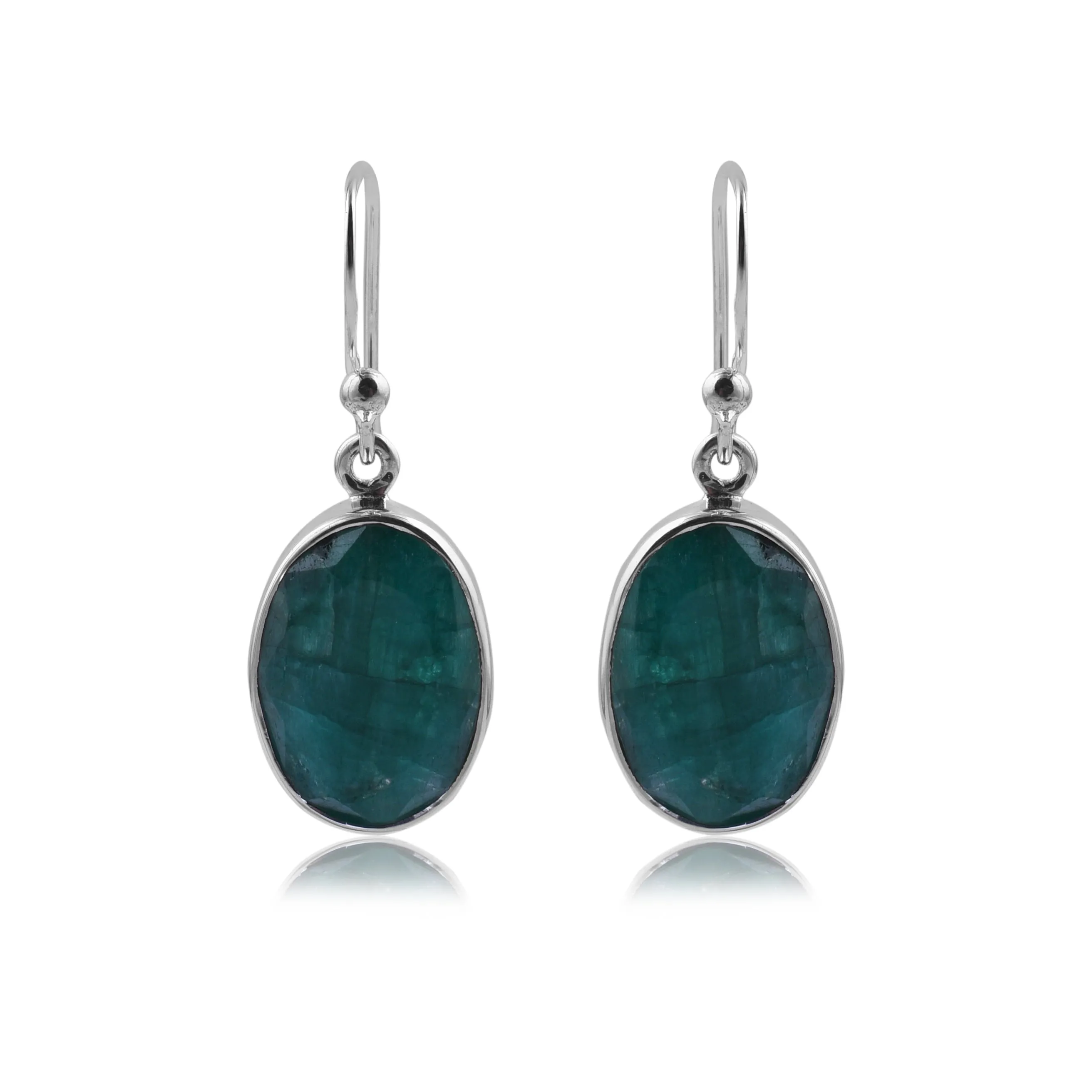 Simple Silver & Rough Emerald Oval Earrings