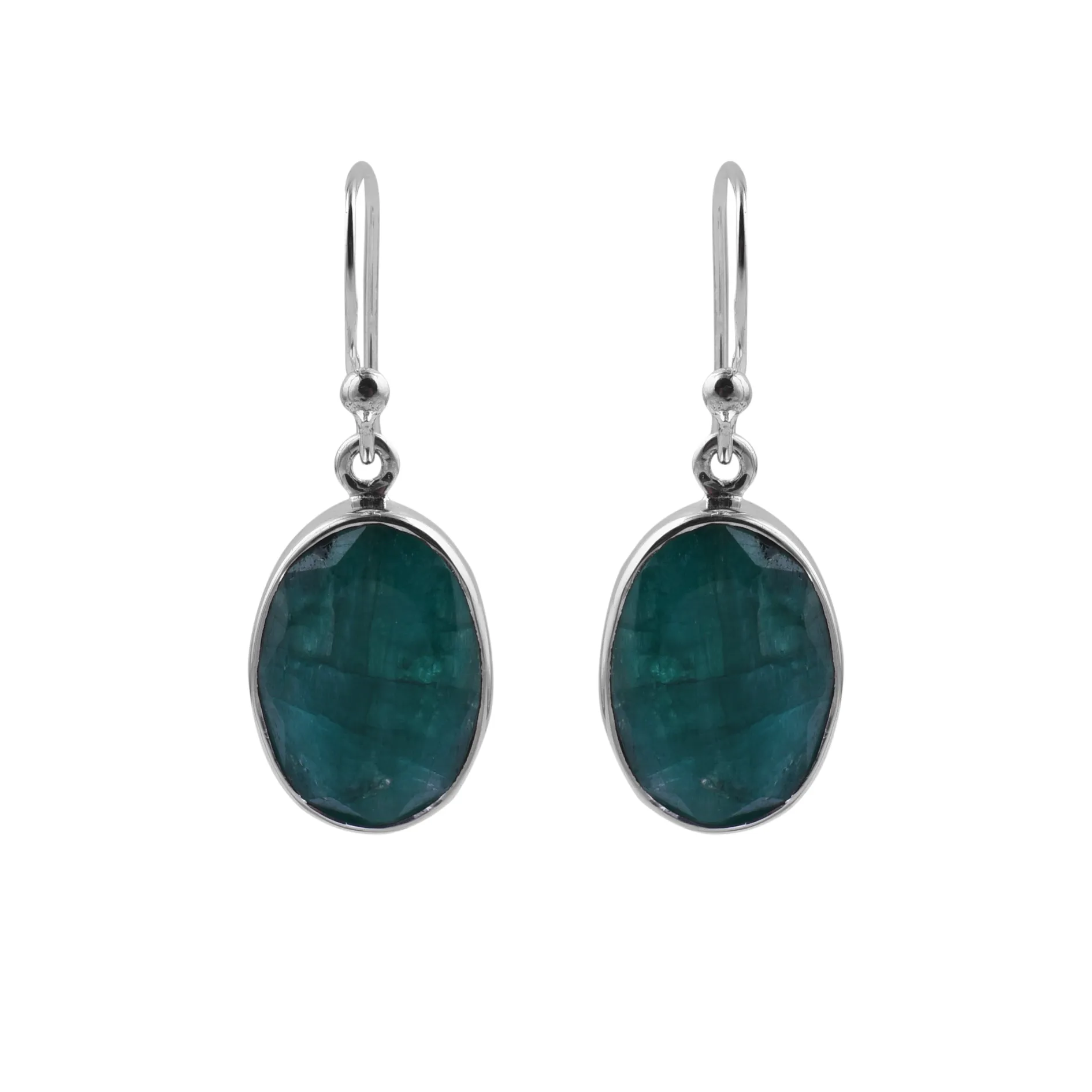 Simple Silver & Rough Emerald Oval Earrings