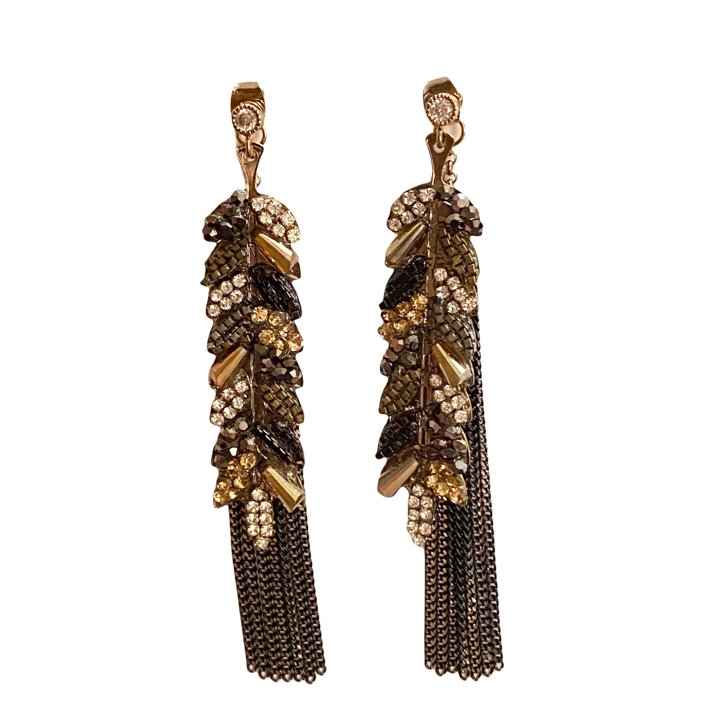 Sparkle Leaves Tassel Statement Earrings