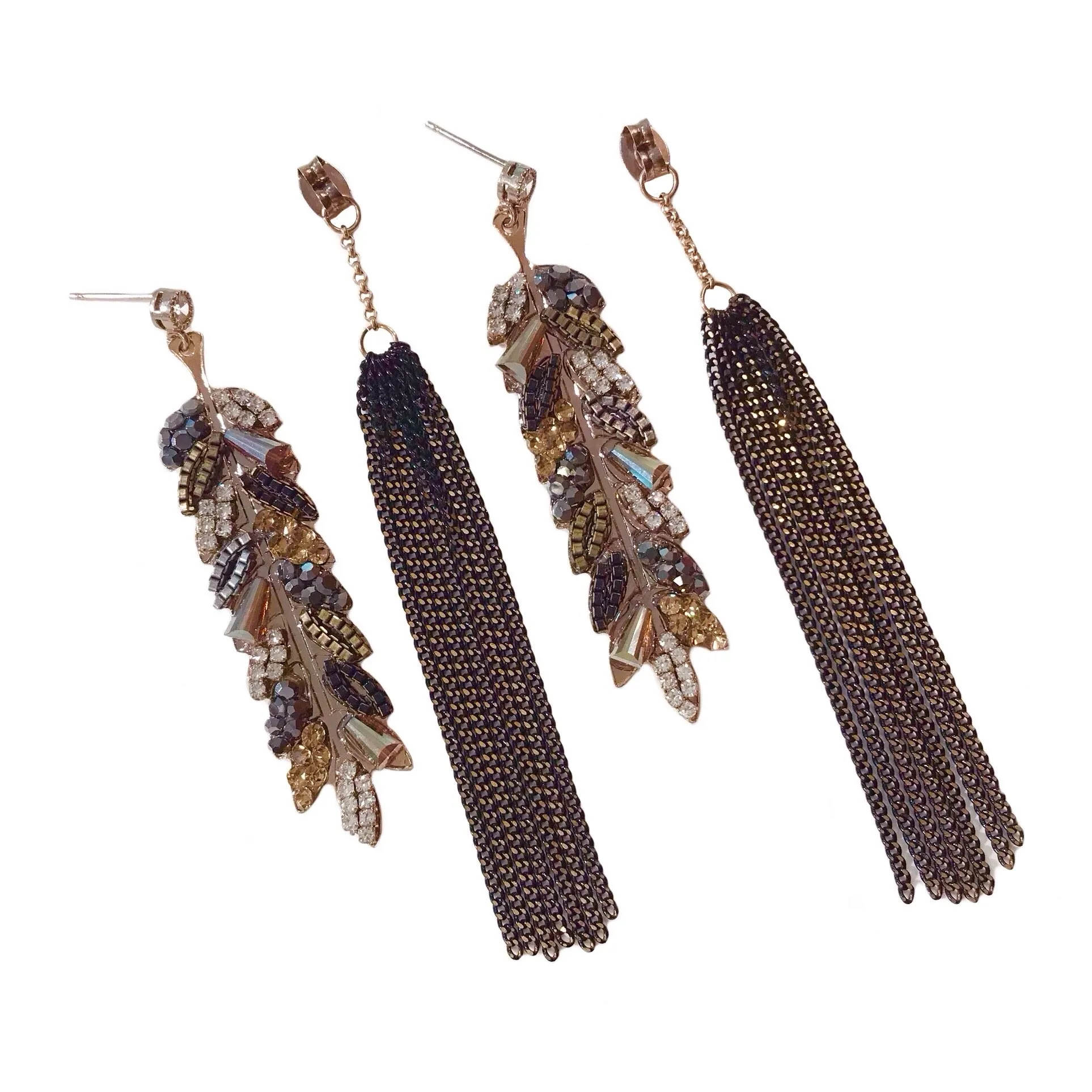 Sparkle Leaves Tassel Statement Earrings