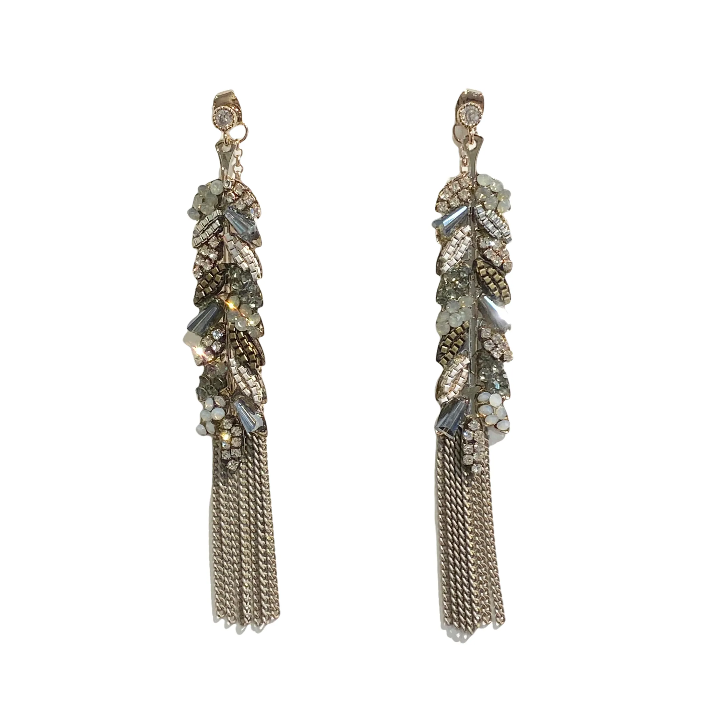 Sparkle Leaves Tassel Statement Earrings