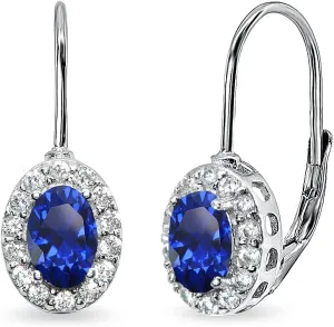 Sterling Silver Genuine or Synthetic Gemstone 6X4Mm Oval Halo Leverback Drop Earrings for Women