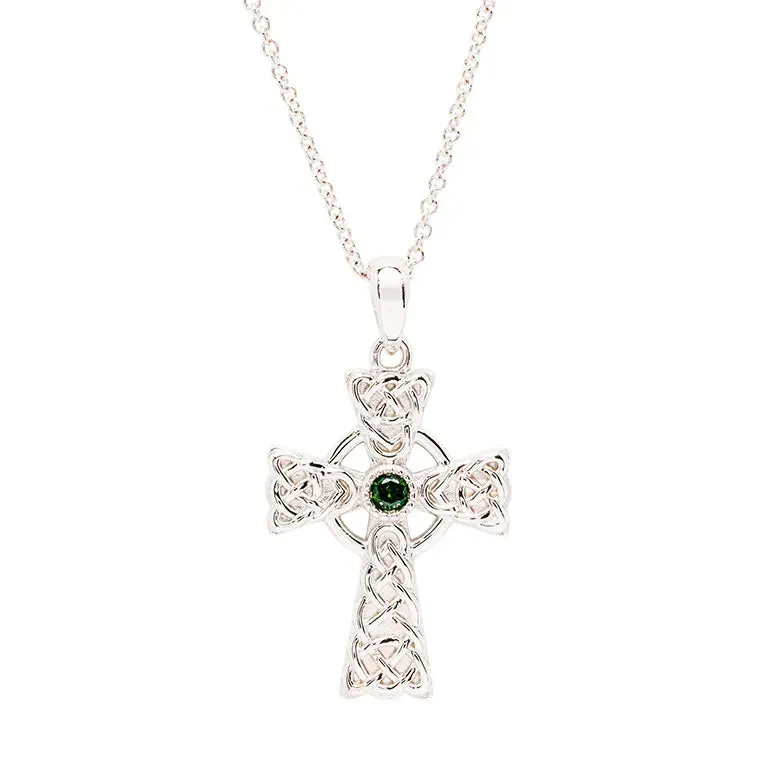 Sterling Silver Green Cubic Zirconia Irish Cross Pendant