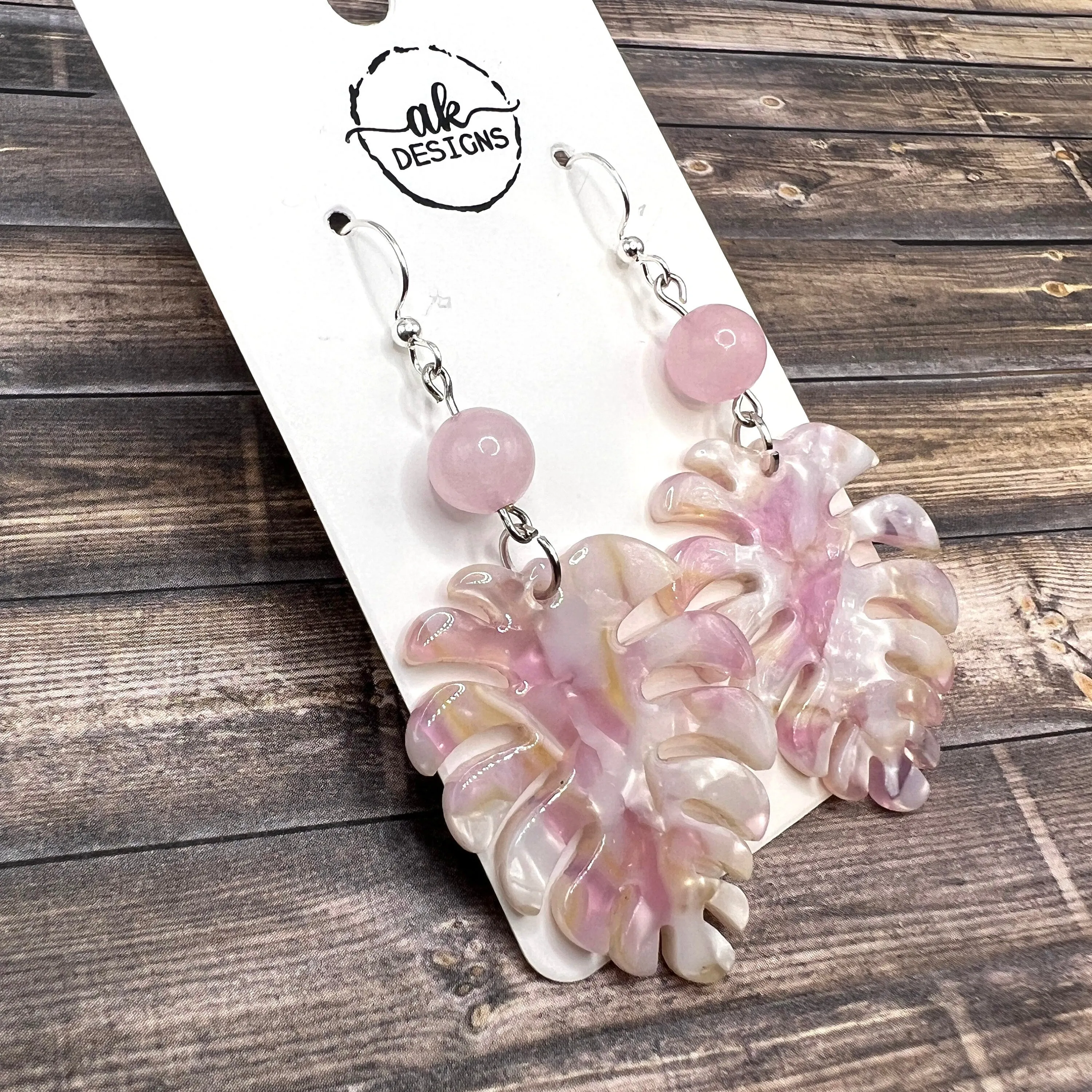 Sterling Silver Monstera Plant Acetate Acrylic Resin  Rose Quartz Boho, Hypoallergenic  Earrings