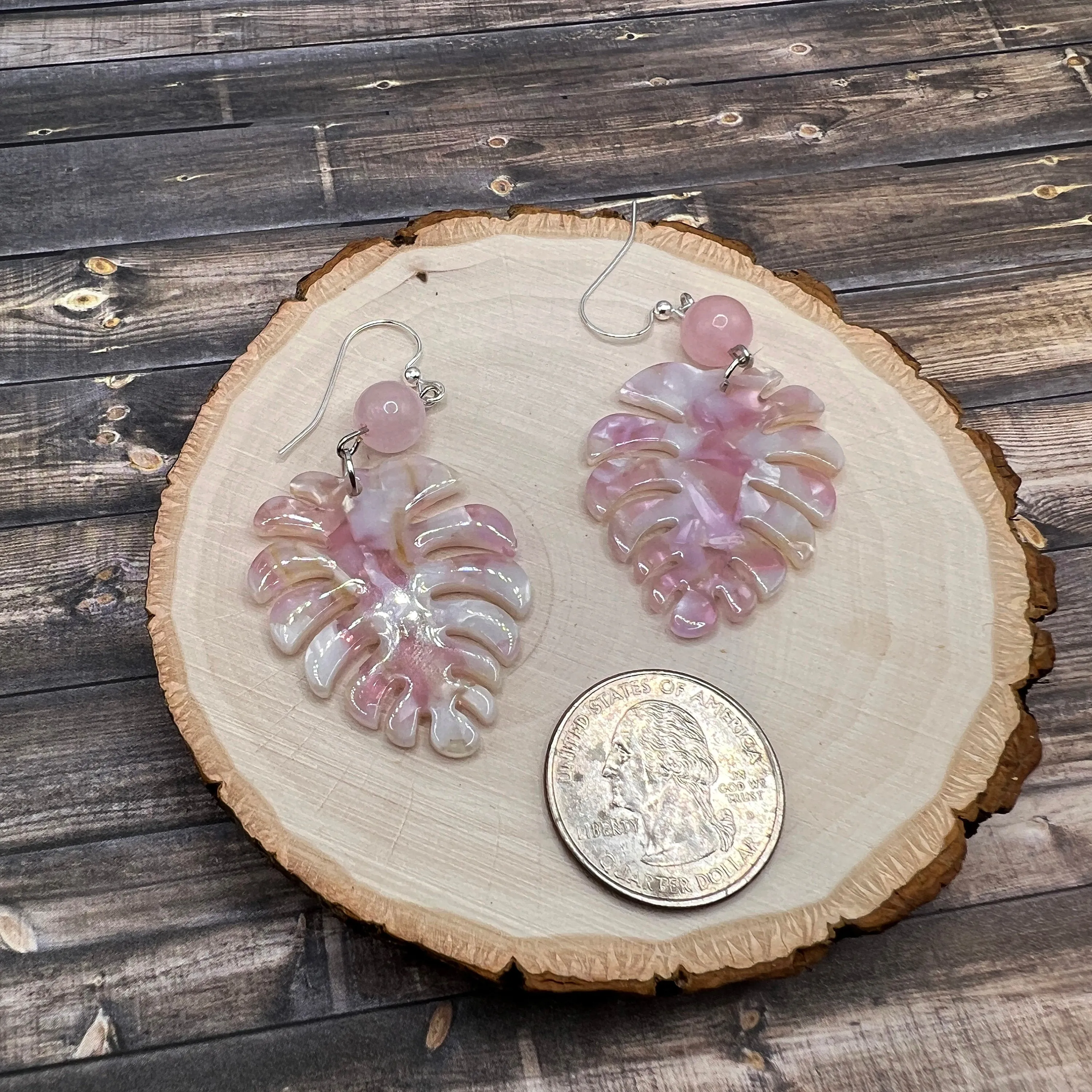 Sterling Silver Monstera Plant Acetate Acrylic Resin  Rose Quartz Boho, Hypoallergenic  Earrings