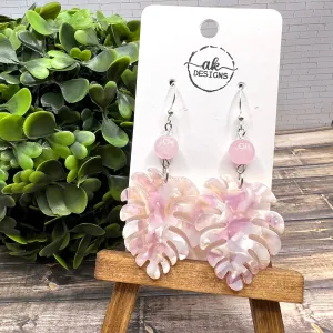 Sterling Silver Monstera Plant Acetate Acrylic Resin  Rose Quartz Boho, Hypoallergenic  Earrings