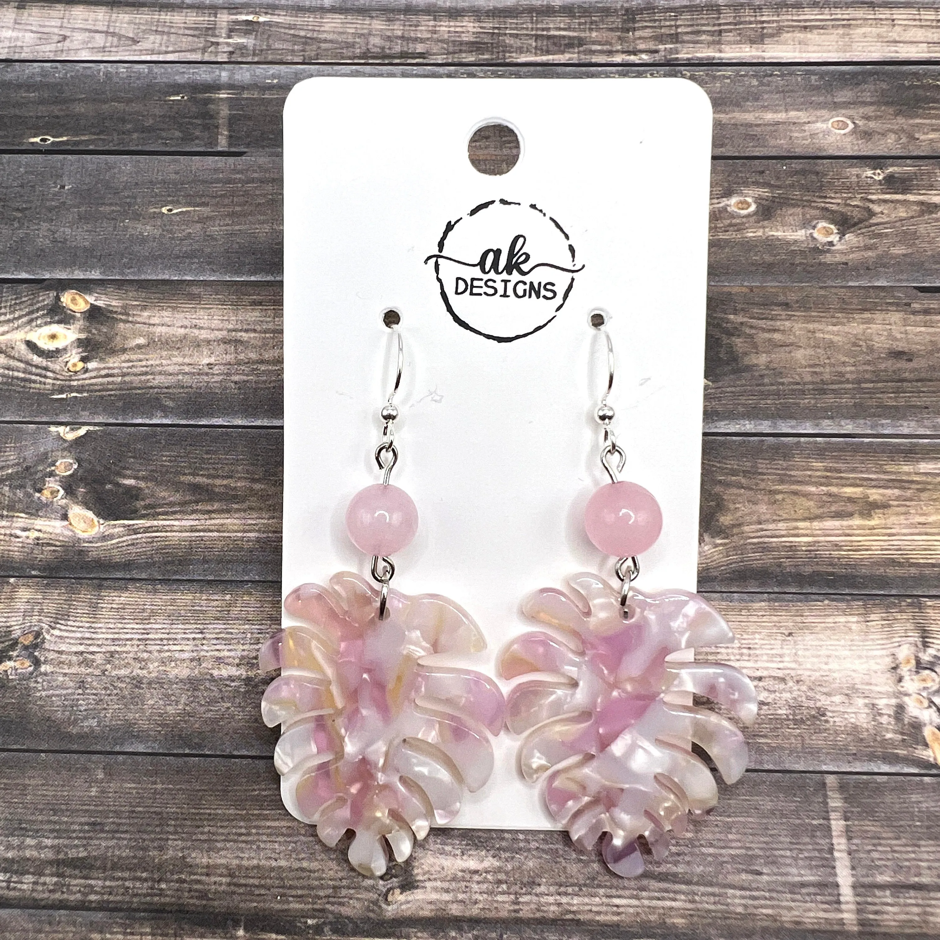 Sterling Silver Monstera Plant Acetate Acrylic Resin  Rose Quartz Boho, Hypoallergenic  Earrings