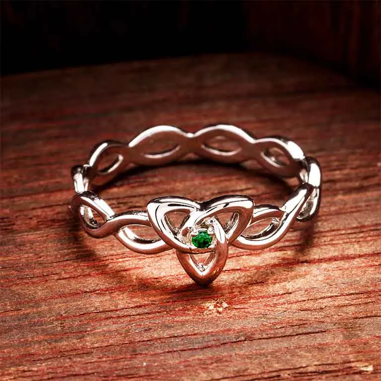 Sterling Silver Trinity Knot Ring with Green Cubic Zirconia