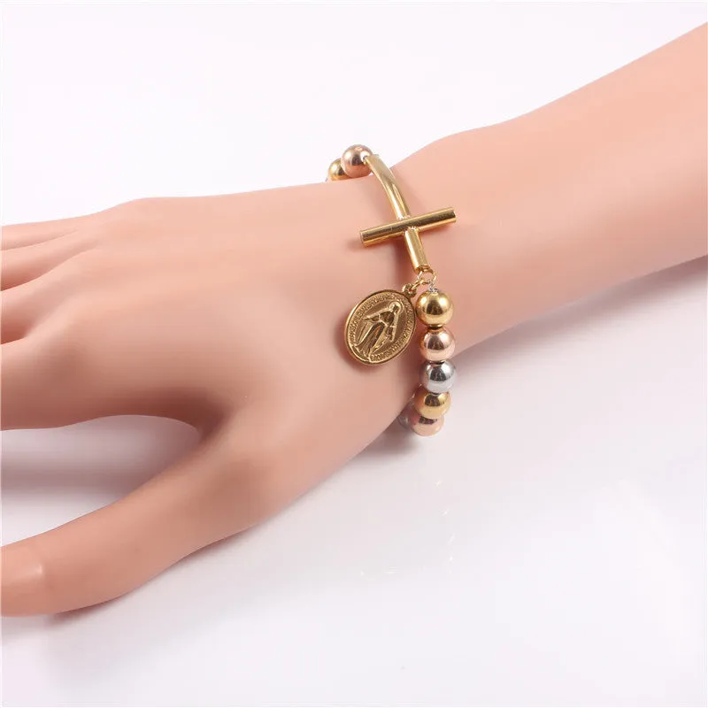 Trendy Stainless Steel Gold Plated Stretch Beaded Bracelets Virgin Mary Charm Cross Bracelets&Bangles Women Fine Jewelry