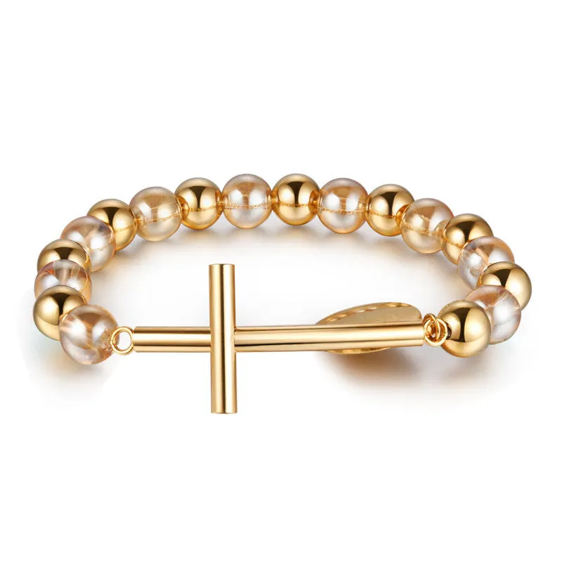 Trendy Stainless Steel Gold Plated Stretch Beaded Bracelets Virgin Mary Charm Cross Bracelets&Bangles Women Fine Jewelry