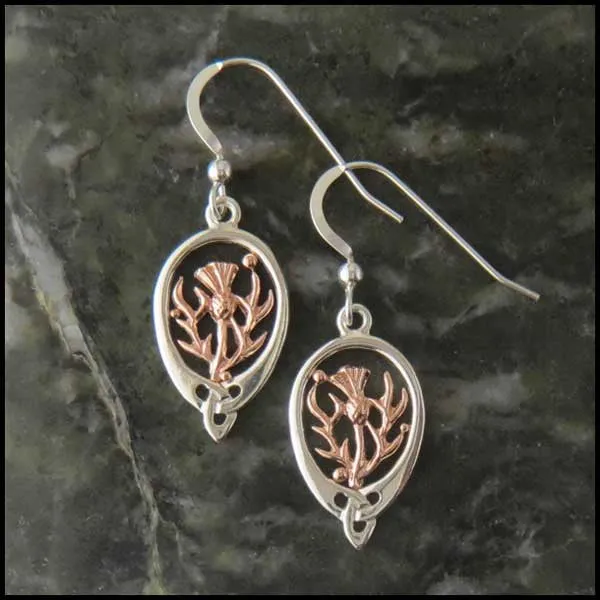 Trinity Knot Drop Earrings with Ivy Leaves or Thistle in Gold and Silver