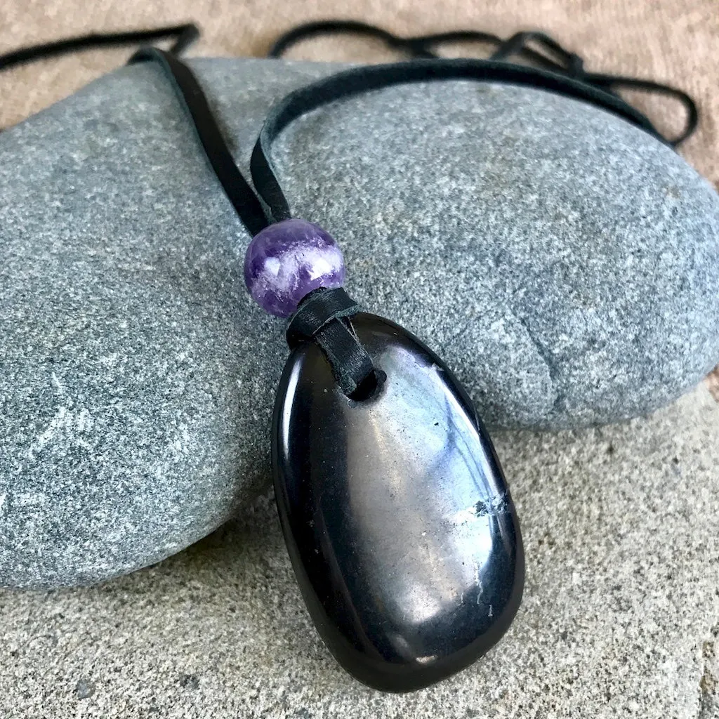 Unique Shungite Medallion with Amethyst Bead