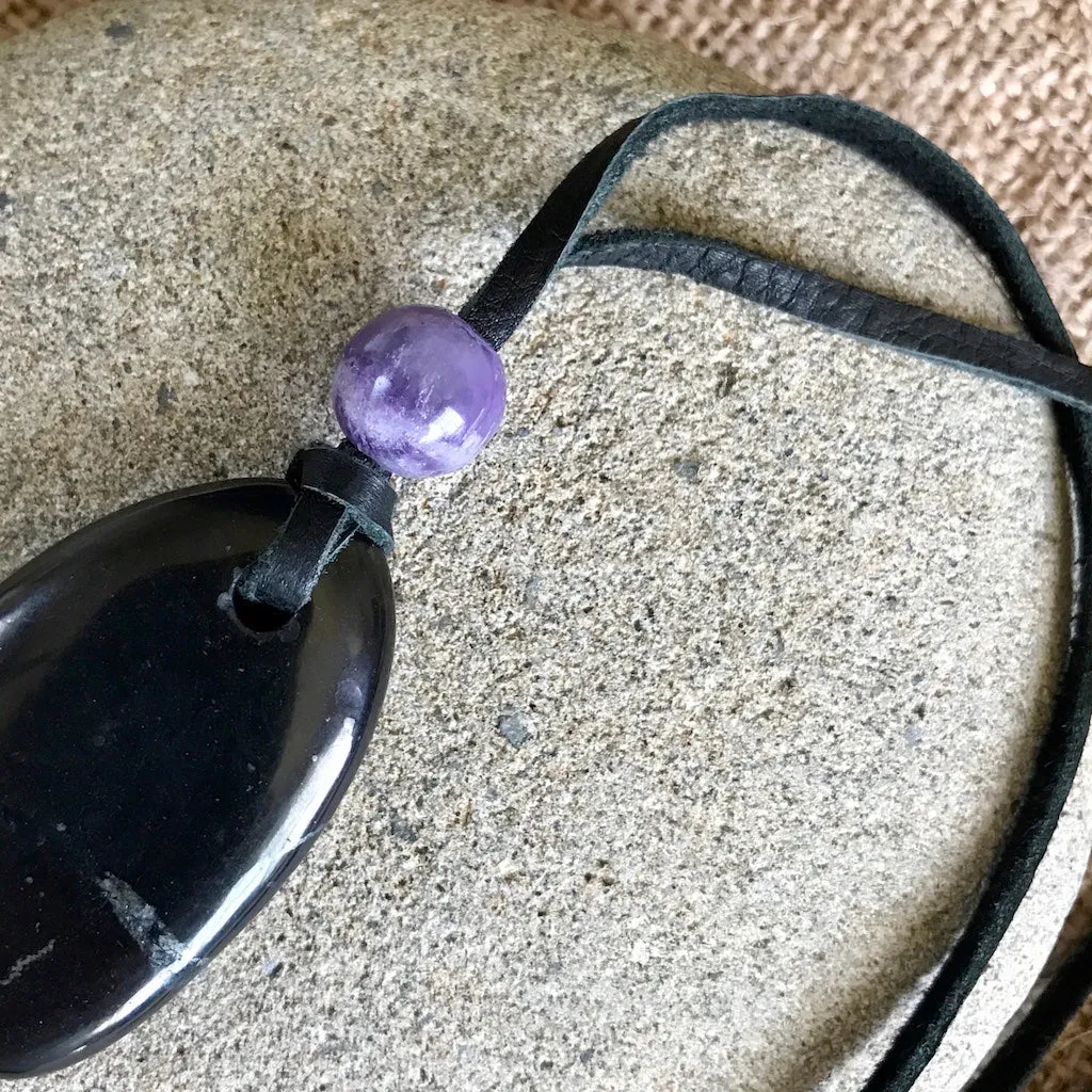 Unique Shungite Medallion with Amethyst Bead