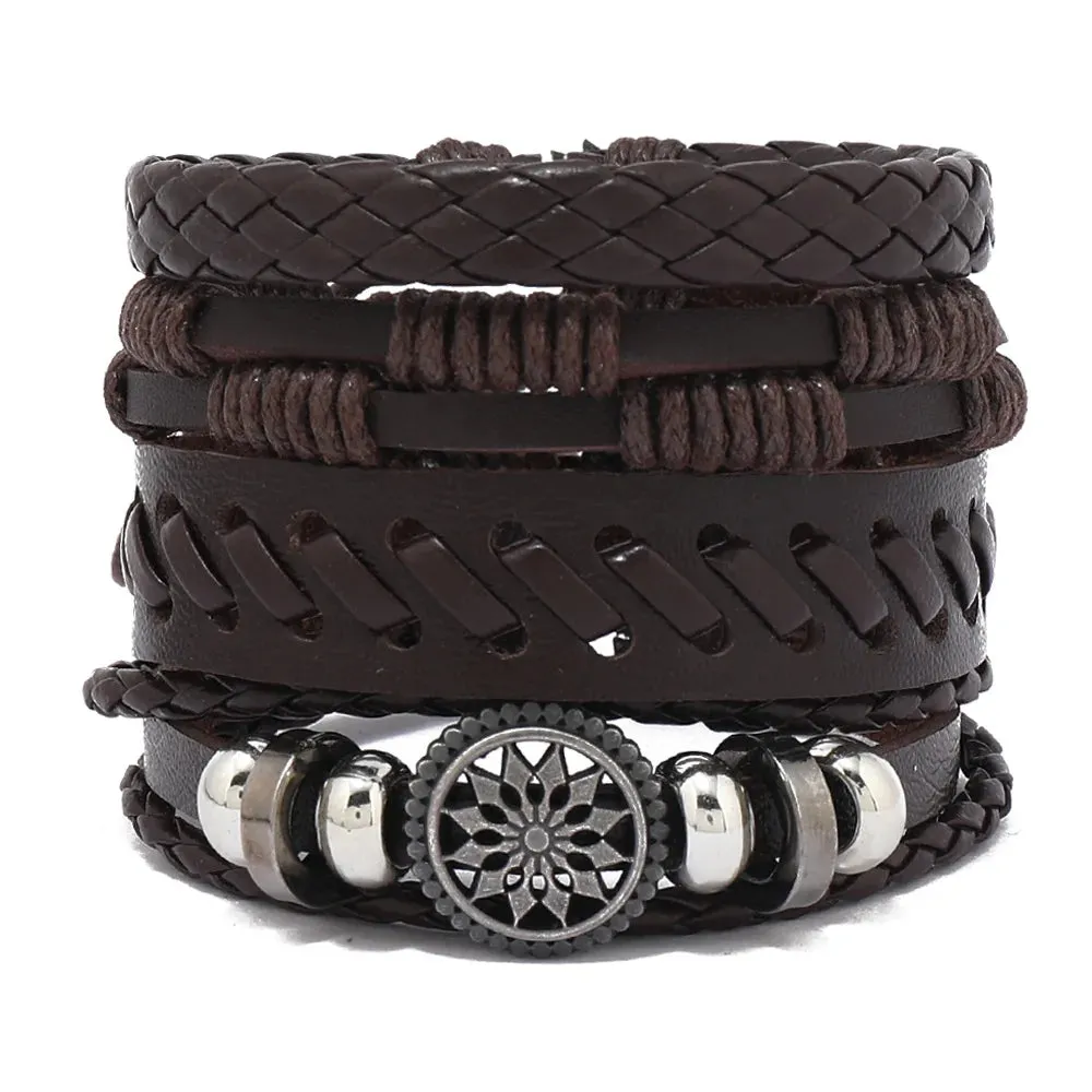 Vintage Style 4pcs Set Braided Wrap Leather Man Bracelets Life Tree Rudder Charm Wood Beads Bracelet for Men Trendy Jewelry Gift