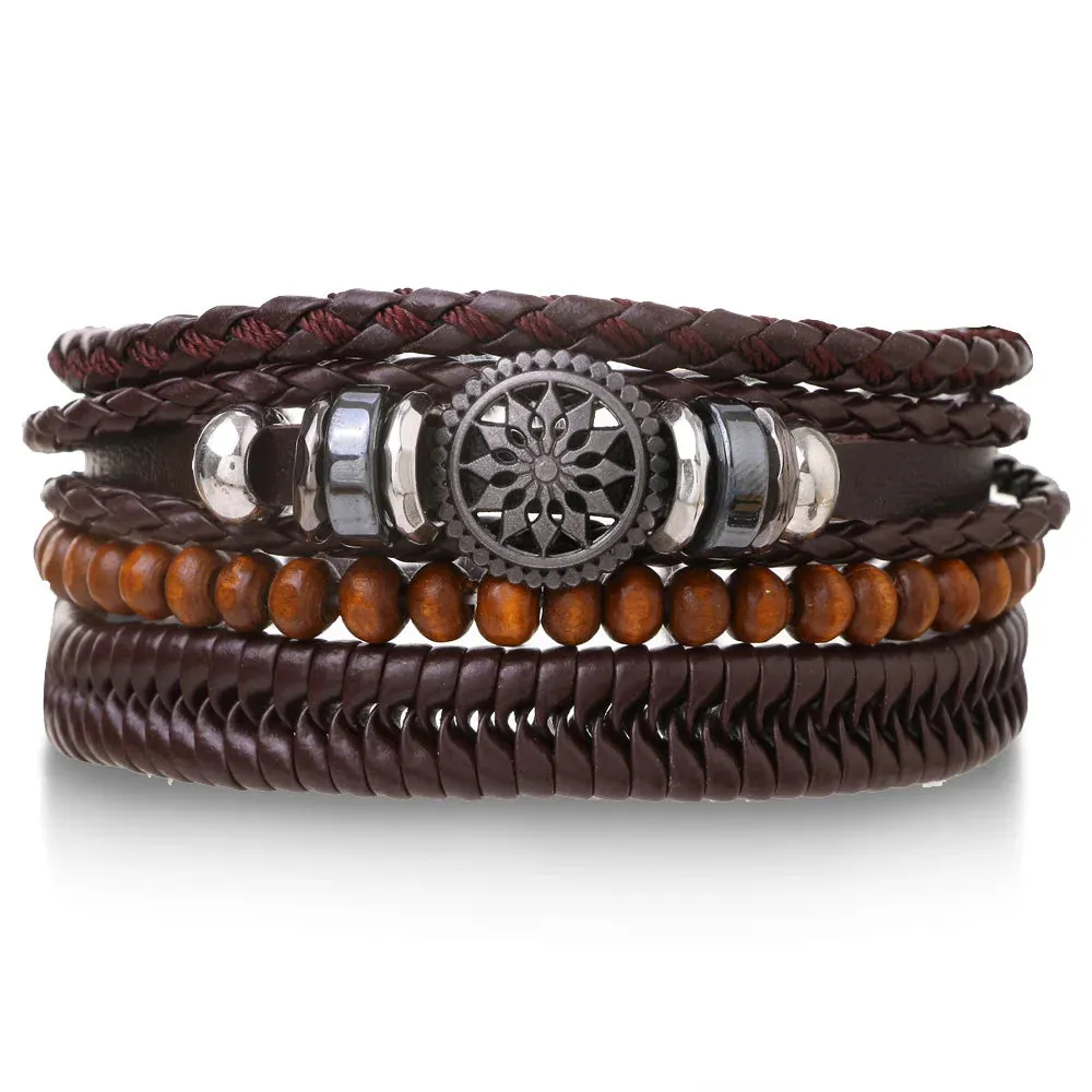 Vintage Style 4pcs Set Braided Wrap Leather Man Bracelets Life Tree Rudder Charm Wood Beads Bracelet for Men Trendy Jewelry Gift