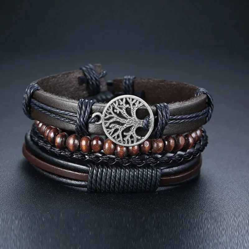 Vintage Style 4pcs Set Braided Wrap Leather Man Bracelets Life Tree Rudder Charm Wood Beads Bracelet for Men Trendy Jewelry Gift