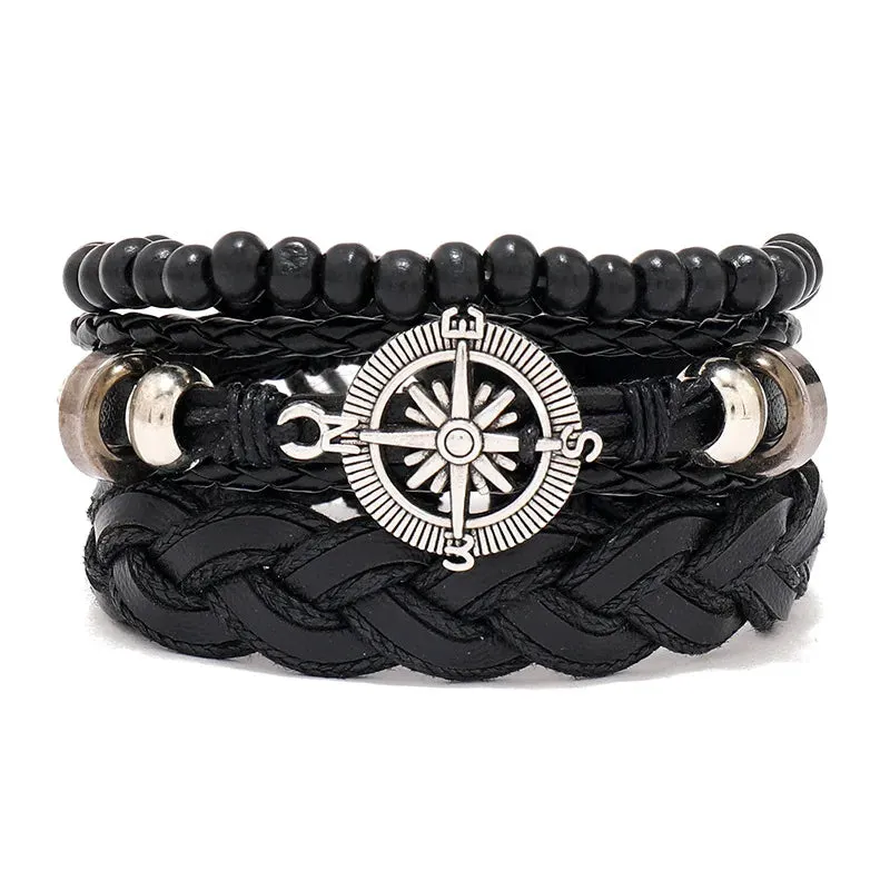 Vintage Style 4pcs Set Braided Wrap Leather Man Bracelets Life Tree Rudder Charm Wood Beads Bracelet for Men Trendy Jewelry Gift