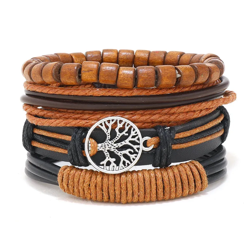 Vintage Style 4pcs Set Braided Wrap Leather Man Bracelets Life Tree Rudder Charm Wood Beads Bracelet for Men Trendy Jewelry Gift