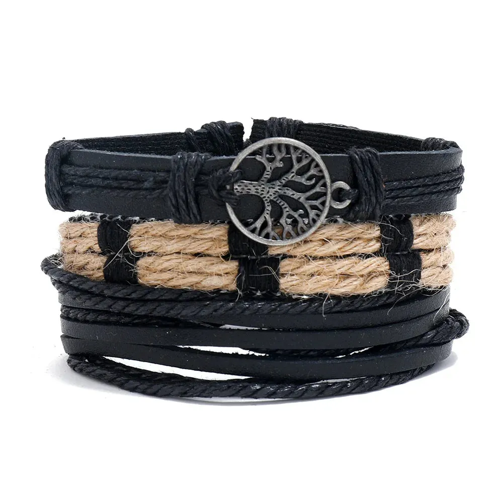 Vintage Style 4pcs Set Braided Wrap Leather Man Bracelets Life Tree Rudder Charm Wood Beads Bracelet for Men Trendy Jewelry Gift