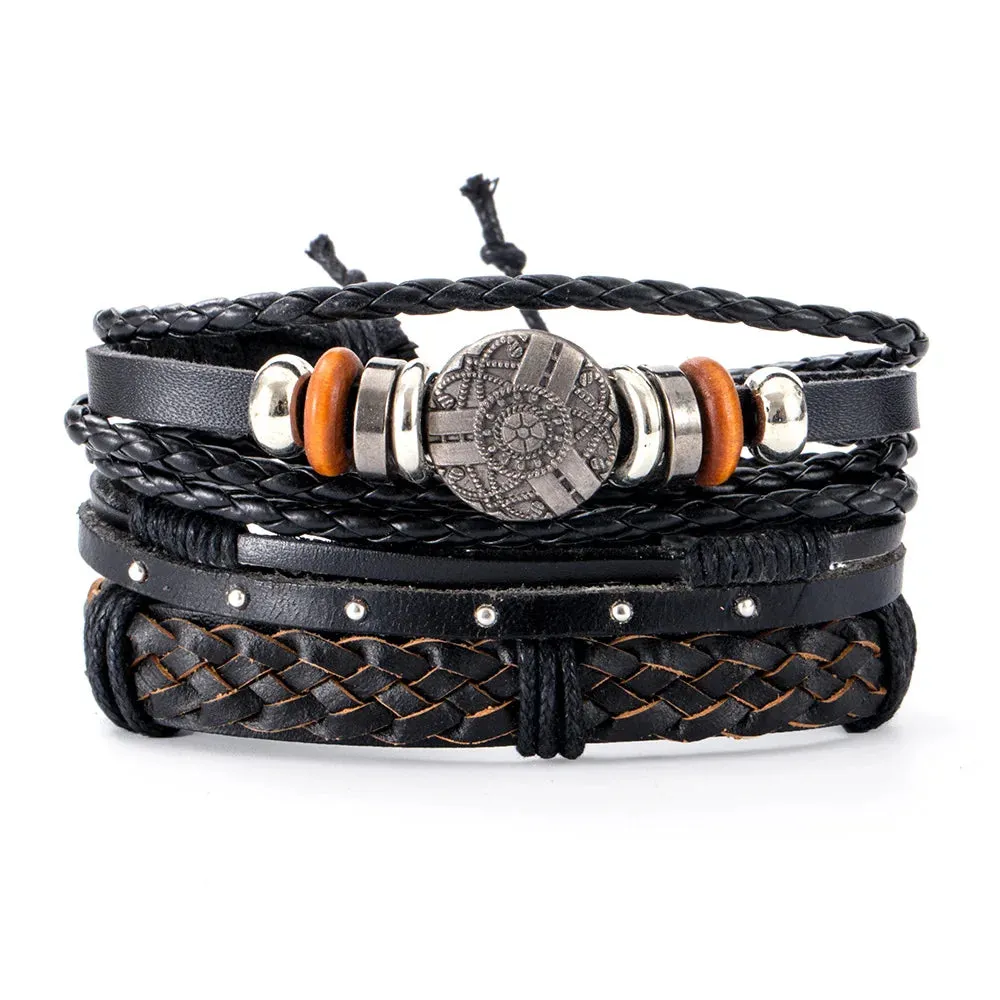 Vintage Style 4pcs Set Braided Wrap Leather Man Bracelets Life Tree Rudder Charm Wood Beads Bracelet for Men Trendy Jewelry Gift