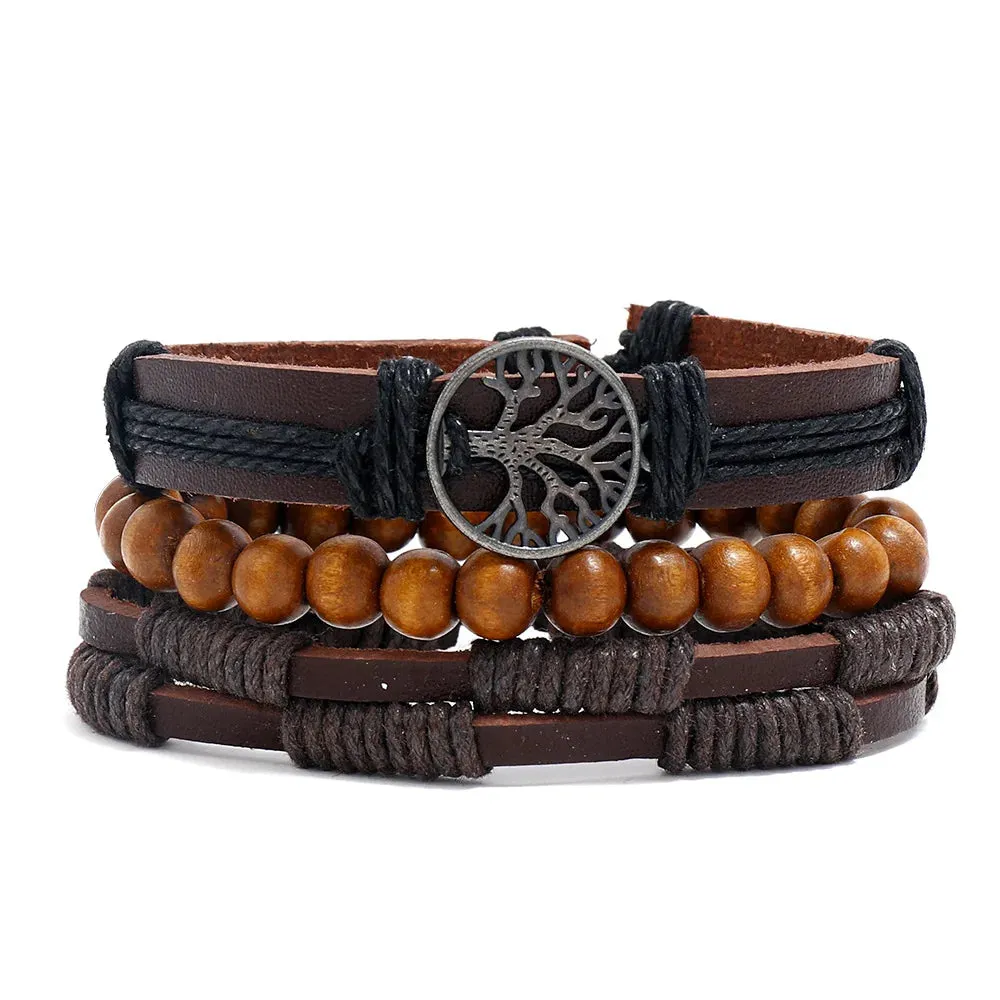 Vintage Style 4pcs Set Braided Wrap Leather Man Bracelets Life Tree Rudder Charm Wood Beads Bracelet for Men Trendy Jewelry Gift