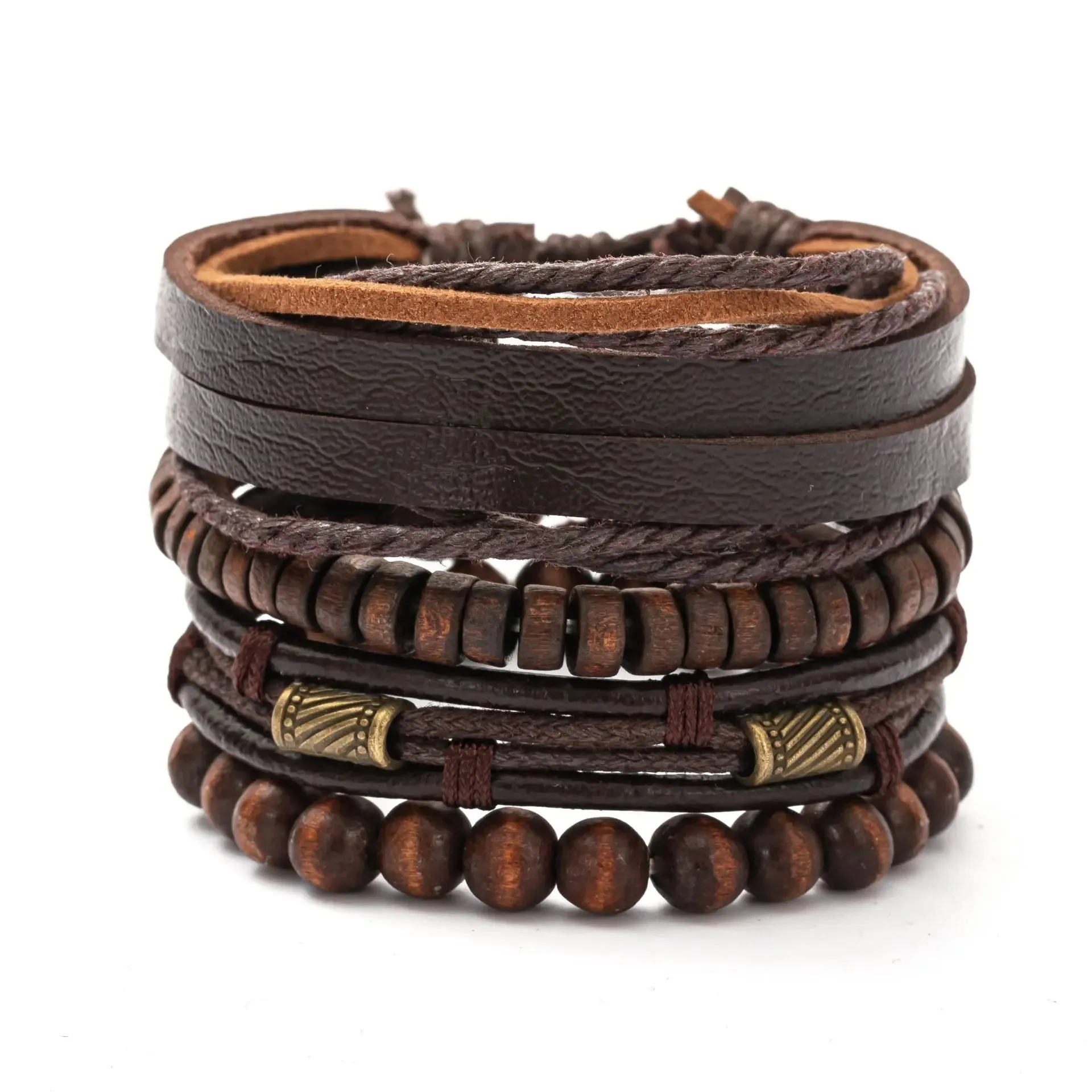 Vintage Style 4pcs Set Braided Wrap Leather Man Bracelets Life Tree Rudder Charm Wood Beads Bracelet for Men Trendy Jewelry Gift