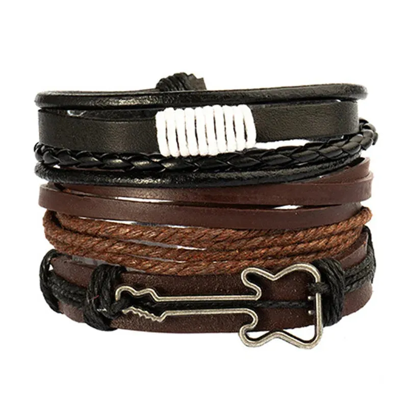 Vintage Style 4pcs Set Braided Wrap Leather Man Bracelets Life Tree Rudder Charm Wood Beads Bracelet for Men Trendy Jewelry Gift