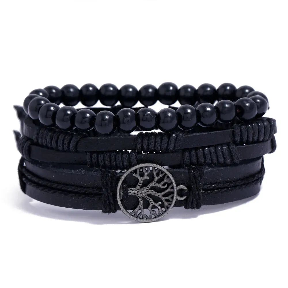 Vintage Style 4pcs Set Braided Wrap Leather Man Bracelets Life Tree Rudder Charm Wood Beads Bracelet for Men Trendy Jewelry Gift