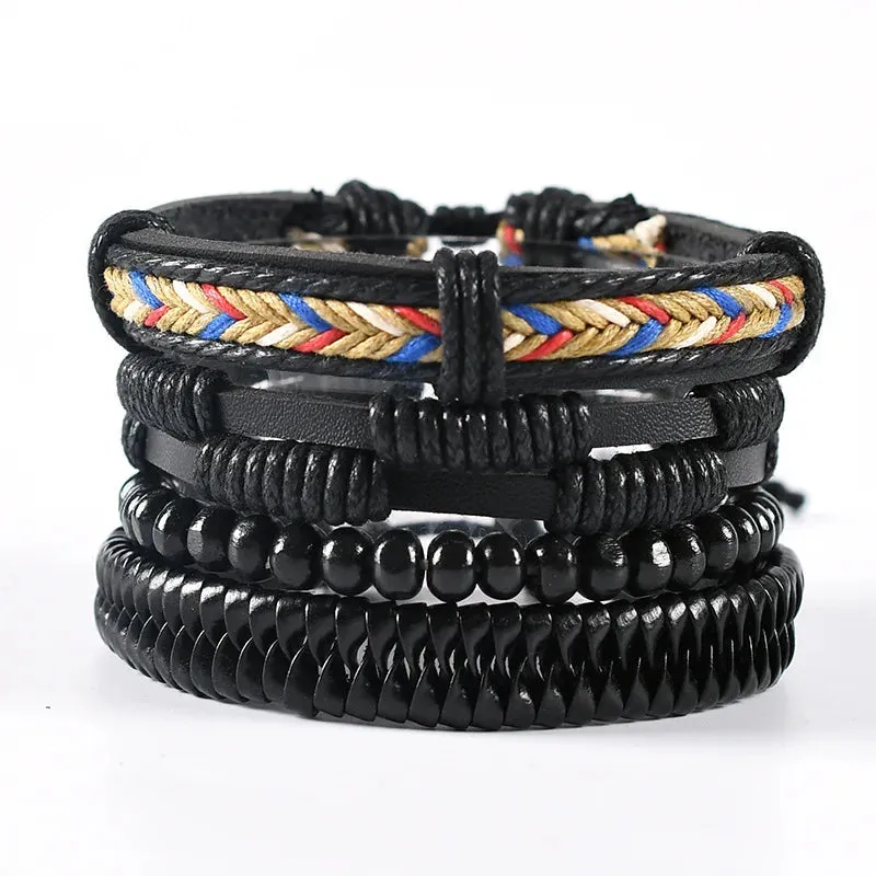 Vintage Style 4pcs Set Braided Wrap Leather Man Bracelets Life Tree Rudder Charm Wood Beads Bracelet for Men Trendy Jewelry Gift