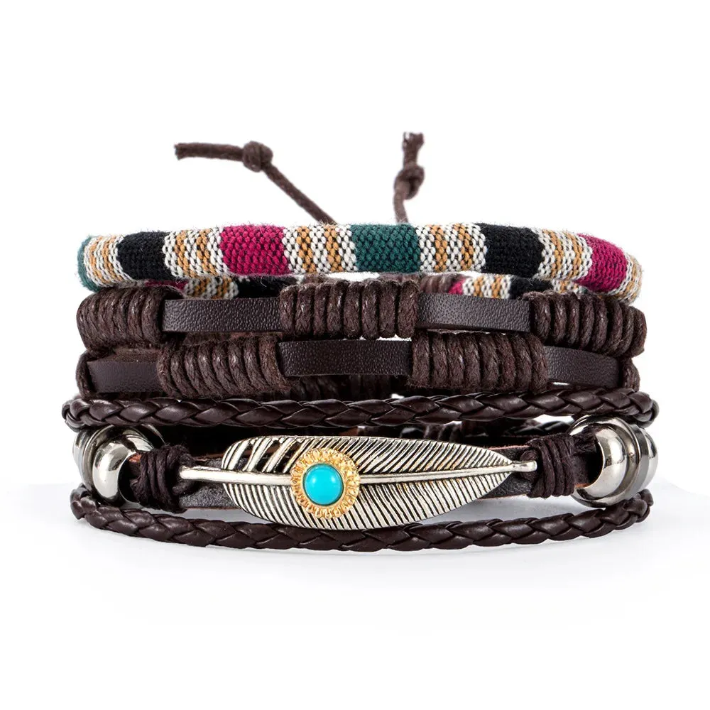 Vintage Style 4pcs Set Braided Wrap Leather Man Bracelets Life Tree Rudder Charm Wood Beads Bracelet for Men Trendy Jewelry Gift