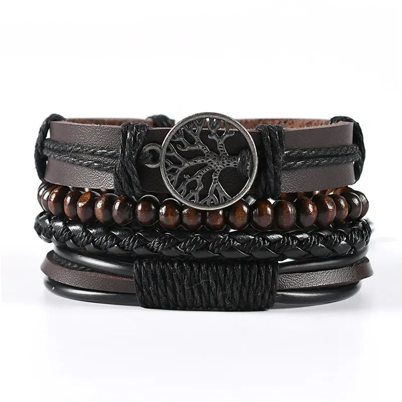 Vintage Style 4pcs Set Braided Wrap Leather Man Bracelets Life Tree Rudder Charm Wood Beads Bracelet for Men Trendy Jewelry Gift