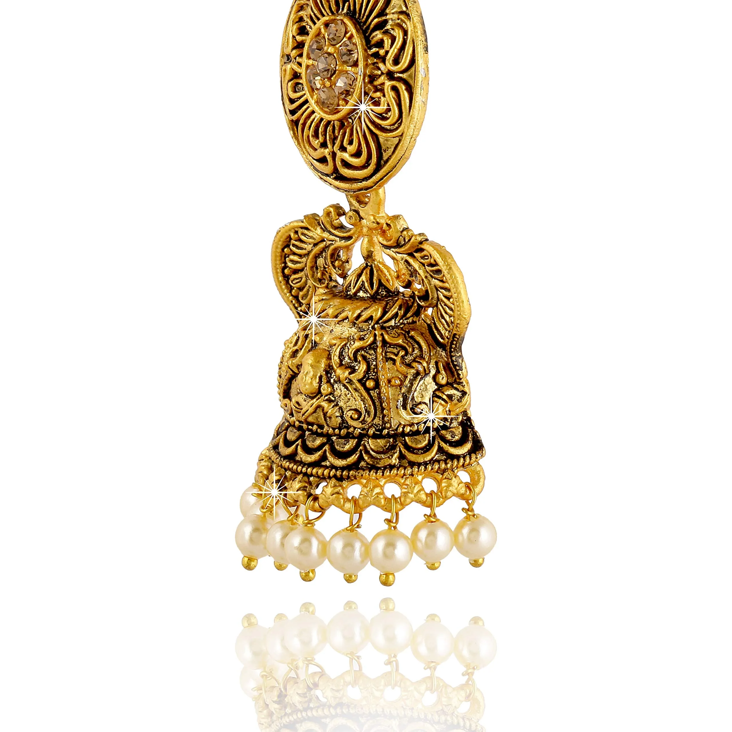 Yellow Chimes Traditional Jhumki Earrings Temple Jewellery Oxidized Matte Gold Plated Artistic Crafted Durga Design Jhumka Earrings for Women & Girls